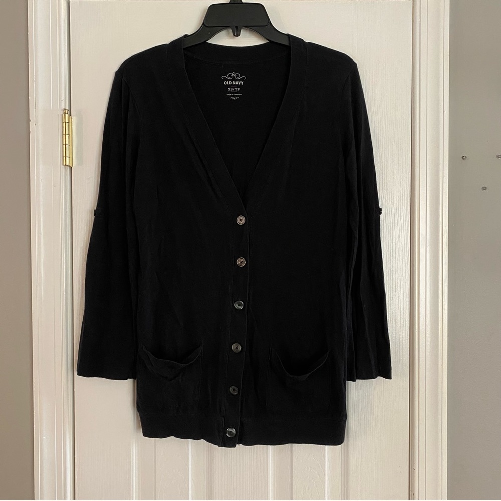 Old Navy Black Button Front Cardigan Roll Up Button Sleeves Front Pocket XS